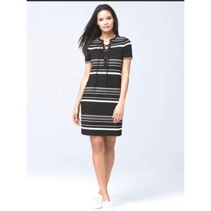 White House Black Market Black White Striped Lace Up Shift Dress Womens Medium